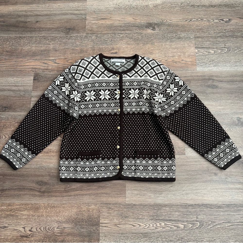 Crystal Kobe Nordic Fair Isle ButtonUp Sweater Cardigan Large Brown White